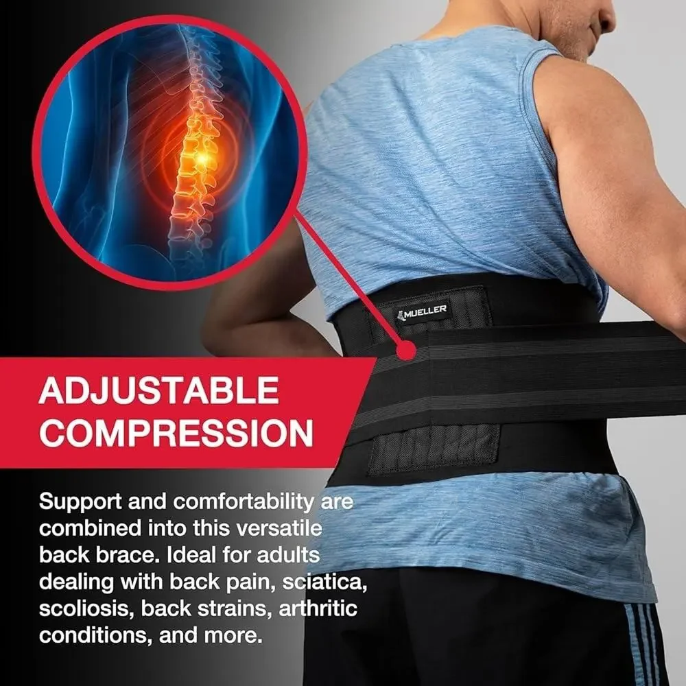 NEW MUELLER Black Unisex Adjustable Strap Back Brace Steel Rod Stretch Support